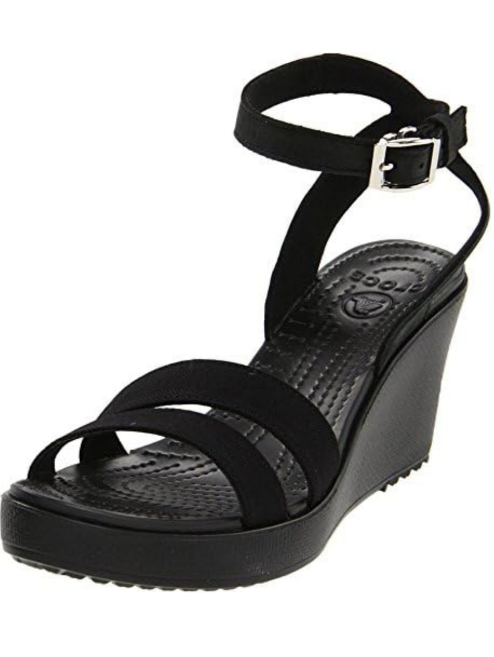 CROCS Black Ankle-Strap Wedge Sandal 9 Linen Leather